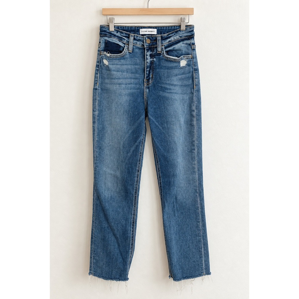 Flying Monkey Blue Distressed Raw Hem High Rise Straight Leg Jeans 25 Y3989
